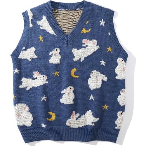LACIBLE Streetwear Harajuku Knitted Vest Moon Rabbit Sleeveless Waistcoat Pullover Sweater Vest Autumn Loose Casual Tops Unisex