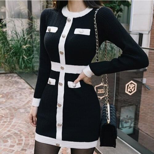 Wenfly Sweater Dress Women Knitted Vintage Black Long Sleeve Mujer Vestidos Office Elegant Feminina Fall Bodycon Mini Vestido