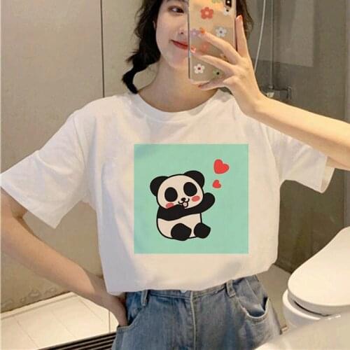 Women Summer Tee Shirt Short Sleeve Kawaii Panda Graphic Print T Shirt White Casual Aesthetic Top Tees Clothing for Females
