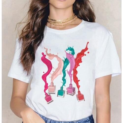 BONJEAN Vintage Nail Polish Print T Shirt Women 90s Aesthetic Clothes Graphic Tshirt Femme Harajuku White T-shirt Female Tshirt