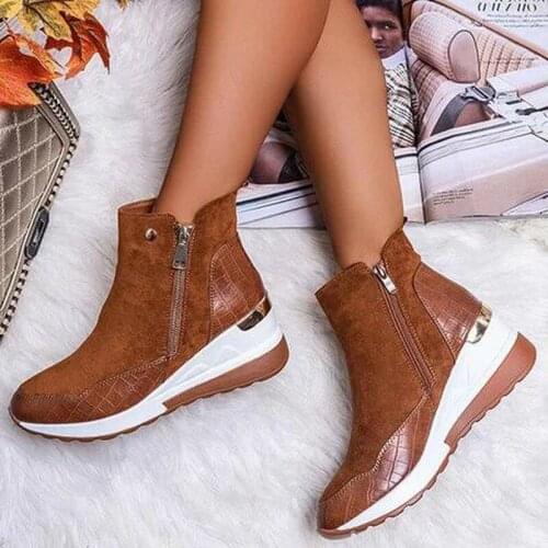 Women Ankle Boots High Heels Wedges Shoes Woman Booties Autumn Warm PU Leather Shoe Chaussures
