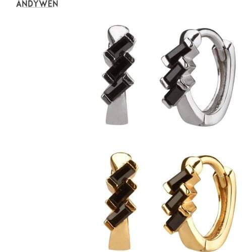 ANDYWEN 925 Sterling Silver 8mm Black Zircon Hoops Middle Huggies Loops Pendiente Piercing Women Luxury Jewelry For 2020 Fashion