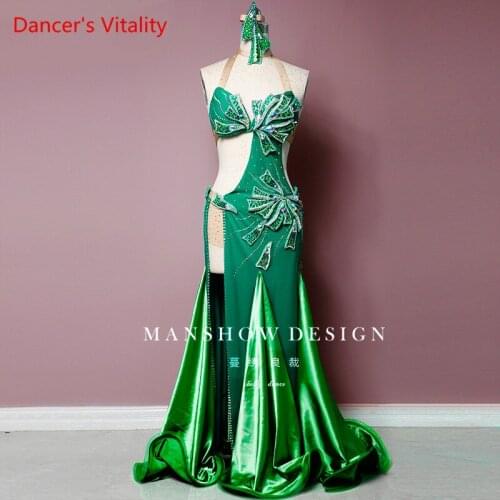 Custom Made Belly Dance Costumes Women Costume Summer Sexy Covered Belly Dance Green Luxury Diamond Set