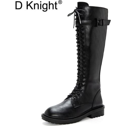 New Fashion Buckle Strap Women Knee High Knight Boots Ladies Casual Lace Up Side Zipper Riding Boots Female Casual High Boots
