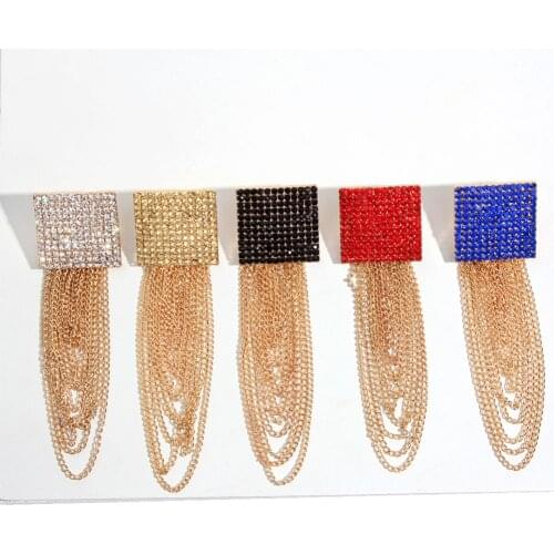 Flatfoosie Shiny Crystal Stud Earrings For Women Square Geometric Chain Tassel Statement Earring Fashion Bridal Jewelry
