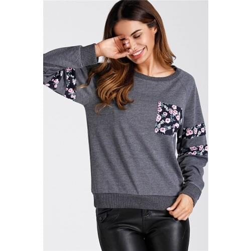 NORA TWIPS Summer Autumn O Neck Women Long Sleeve Sweatshirt Casual fashion contrast color stitching pocket Women Tops