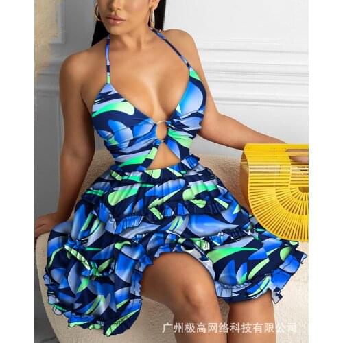 Echoine Colorful Tie Dye Print Halter Backless Mini Dress Women Sexy Elegant Ruffle Dresses Summer Beach Holidays Robe