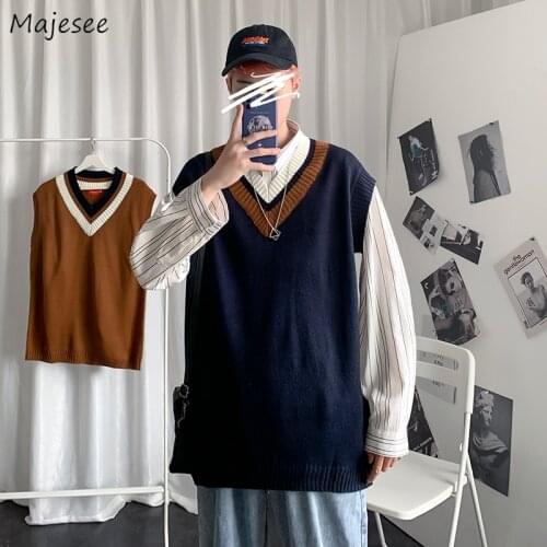 Men Sweater Vest V-neck Knitted Male Oversize 3XL Loose Casual Preppy Korean Fashion Style Ulzzang All-match Students Daily Date