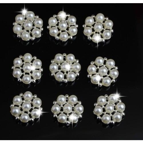 10pcs Crystal Diamante Pearl Flower Flatback Buttons for DIY Bridal Ornament 18mm