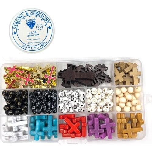 245pcs/Set Mixed Color Wood Round Beads and Plating Acrylic Beads Cross Shape Pendant Charms Jewelry Making Handmade