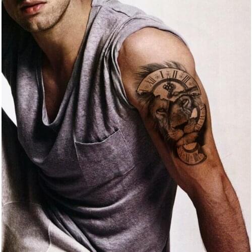 Clock Fragments Waterproof Temporary Tattoo Sticker Black Lion Head Letter Fake Tattoos Flash Tatoos Arm Body Art for Women Men