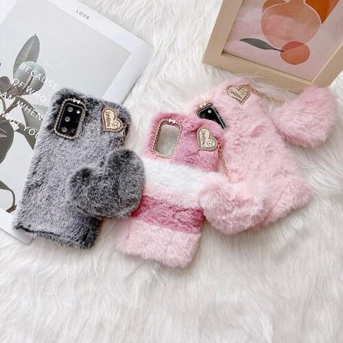 Love Heart Pendant Furry Phone Case For Samsung S21 Plus S21 Ultra S20 FE S10 S9 Note 20 Ultra Note10 M02 Hair Plush Phone Cover