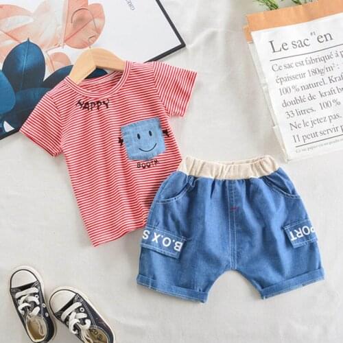 Girls Boys Thin-Line Striped T-Shirt + Denim Letter Shorts Suit Toddler Baby Trend Smiley Set Children Vitality Clothing Outfit