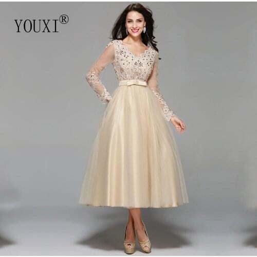 Elegant Champagne Tulle Appliqued Lace Crystal Tea-Length Long Sleeve Evening Dress 2019