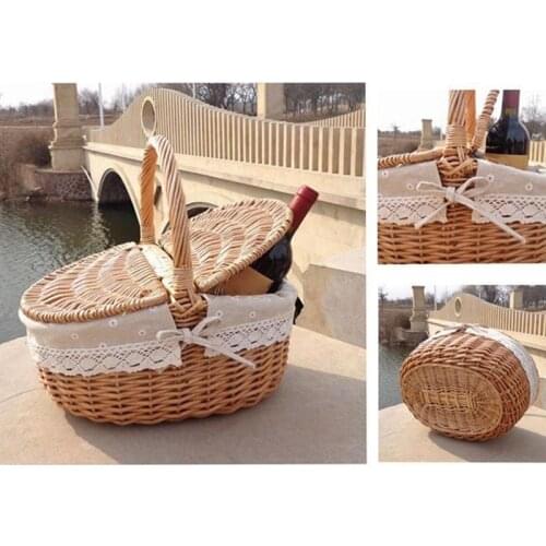 Hot Sale Handmade Wicker Basket with Handle Wicker Camping Picnic Basket with Double Lids Storage Hamper Basket with Cloth Linin