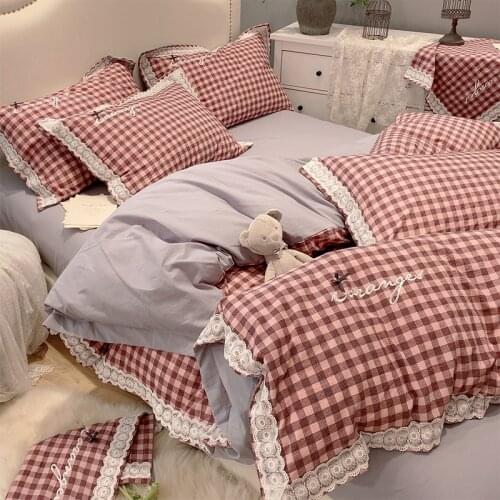 Cotton bedding set lattice princess style four piece set Ruffle pastoral bedding Quilt Set American extra large