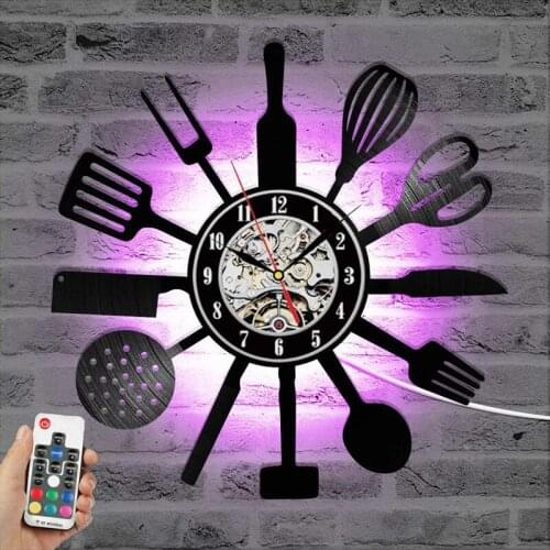 Classic Vinyl Record Wall Clock Cutlery Spoon Fork Design Kitchen Clock Vintage Vinyl Wall Art Decor Creaive Hollow Wall Watch