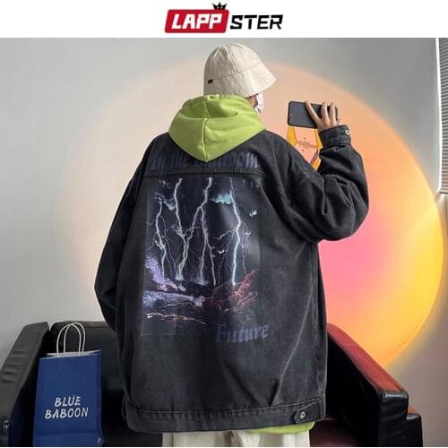 LAPPSTER Men Japanese Streetwear Vintage Jean Jacket 2021 Mens Oversized Urban Punk Denim Jacket Male Korean Fashion Windbreaker