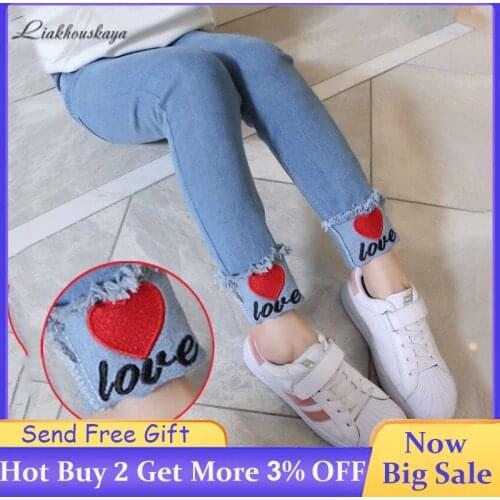 New Girls Spring Jeans Girl Elastic Waist Print Jeans Kids Flower Embroidery Jeans Toddler Baby Tight Pants Fashion Casual Jeans