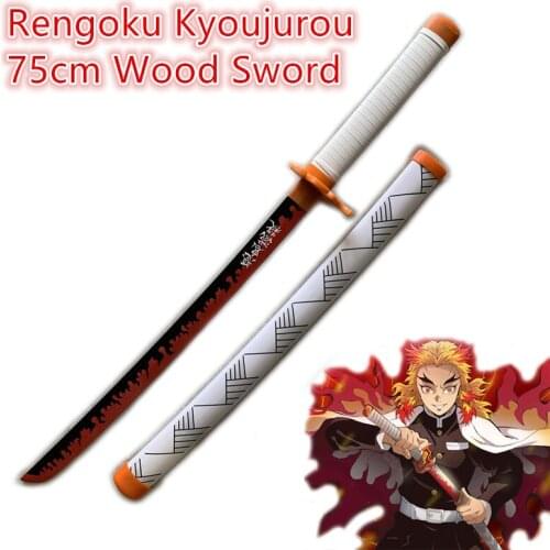80cm Demon Slayer Wood Sword Weapon Rengoku Kyoujurou Fire White Sowrd Kimetsu no Yaiba Cosplay 1:1 Ninja Knife Anime Sword