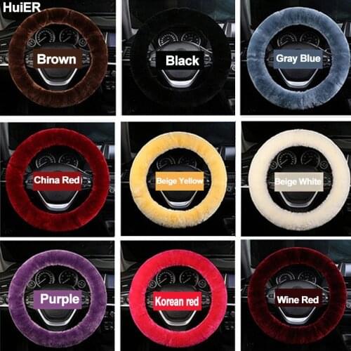 HuiER Winter Car Steering Wheel Cover Australian Wool 9 Colors Pure Wool Sheepskin Warm Soft For 36-42CM/14.2"-16.5" Car Styling