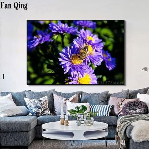 Bee On Blue Flower 5D Diy Diamond Painting Full Square Round Rhinestone Embroidery Handmade Mosaic Cross Stitch Home Decor
