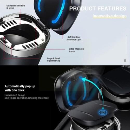 Electric Car Ashtray With LED Ambient Light, Multi-scene Cigarette Application, Washable Lid Case Portable Ashtray, With
