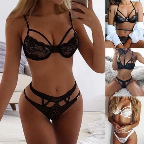 Pafiforkins Sexy Lingerie Black Hollow Three-point Hanging Neck Underwear Panties Set Multi-style Bra and Panty Set