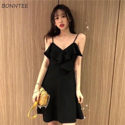 Dresses Women Black A-line Sexy Female Clothing Spaghetti Strap Club Street Slim Empire Elegant Flounced Edge All-match V-neck