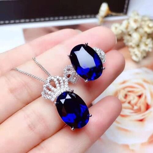Natural Sri Lanka Sapphire Gem Necklace Ring Set 925 Sterling Silver Fine Fashion Wedding Jewelry for Women MeiBaPJFS