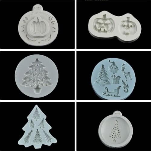 Halloween Christmas Tree Liquid Silicone Mold Sleigh Reindeer Pumpkin Head Fondant Cake Decoration Mold Cake Baking Tool WMJ-514