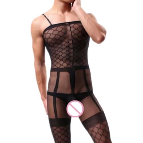 Sexy Mens Bodystocking Male Underwear Sex Bodysuit Teddies Open Crotch Sleepwear One Piece Clothing Sling Catsuit Sexy Lingerie