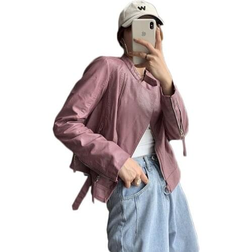 WSYORE Spring and Autumn Women Short Leather Jacket Washed Leather PU Jacket Slim Sweet Long-sleeve Wild Biker Coat NS3019