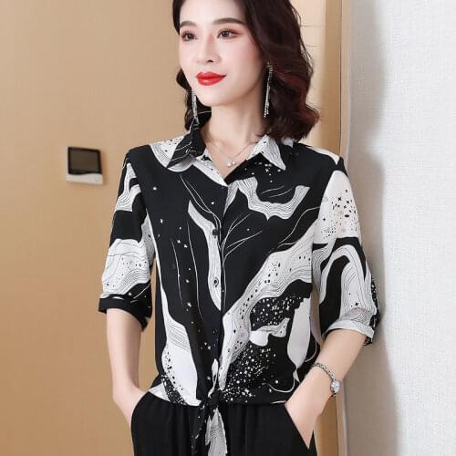 Fashion Women Summer Shirts All-Match Chiffon Blouses High-End Temperament Half Sleeve Print Tops Casual Blusas MM0482