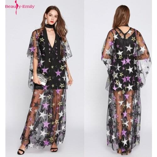 Beauty Emily Long Tulle Evening Dress Sexy V Neck Half Sleeve Party Dress Tulle Appliques zipper Back Evening Dresses 2019