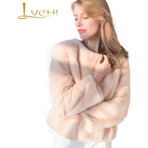LVCHI Women Winter Real Fur Coat 2019 Long Sleeve Mink Coat Female Natural Fur Causal Pink Cute Slim Women Wave Cut Mink Coat