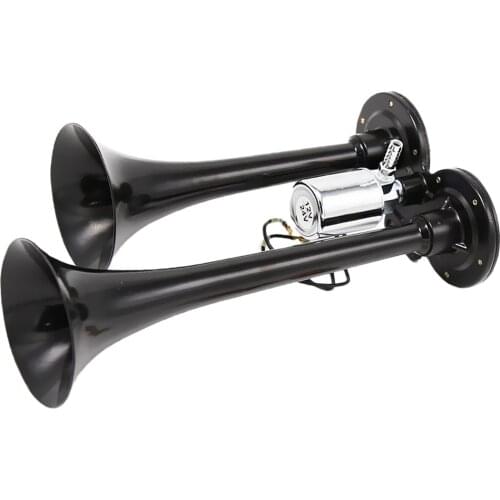 12V/24V DC Dual Trumpet Air Horn Kit with Electric Solenoid - Super Loud 150db Car Truck RV Boat Train Air Horn, 29.5cm (Black)