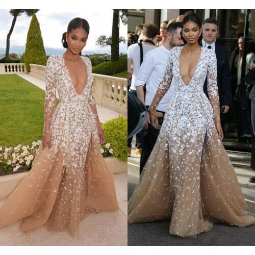 2020 Zuhair Murad Evening Gowns Long Sleeves Champagne Formal Cleberity Pageant Deep V Neck Applique Prom Party Dress Sweep