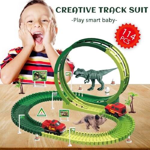 Electric Dinosaur Car Track Toy Diy Free Creative Assembly 360 Degree Rotation Childrens Educational Building Blocks Toy Car