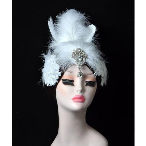 Feather Headdress Fascinator Hair Clip For Bird Dancing Performance,Ballet White Hair Feather Headband With Diamond Rhinestone