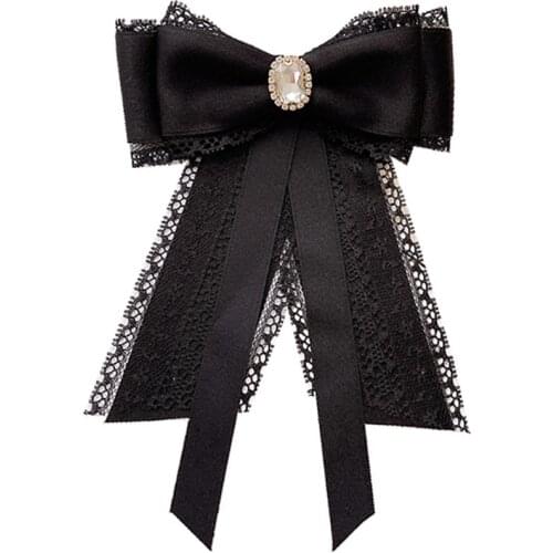 Korean Black Fabric Lace Bow Brooches for Women Female Shirt Collar Pins Crystal Fashion Jewelry Clothing Accessories