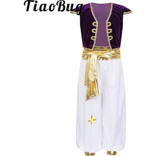 Boys Arabian Prince Costume Halloween Roleplay Theme Party Outfit Folk Cap Sleeves Vest Waistcoat with Pants Stage Performance