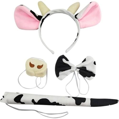 Kids 4Pcs Cartoon Animal Cosplay Accessories Set Cow Ears Headband with Plush Tail Bow Tie Nose Halloween Party Props