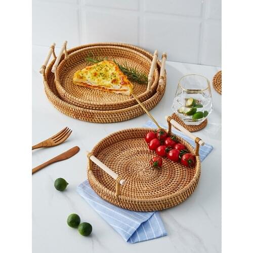 Handmade Rattan Weaving Round Bread Tray Multifunctional Storage Basket Home Kitchen Supplies Storage Pallet Fruits Plate