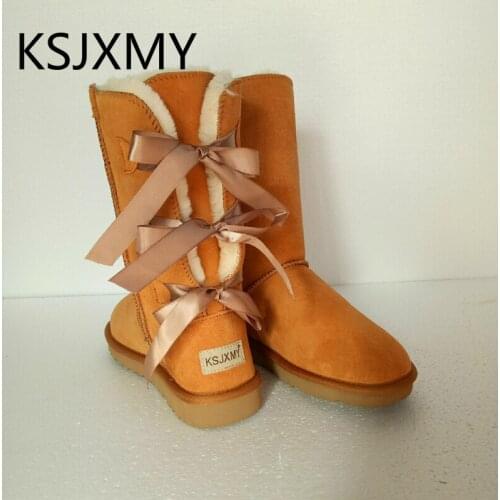 KSJXMY Fashion women lace up winter Genuine Leather high snow boots leather winter flats shoes bowknot black brown