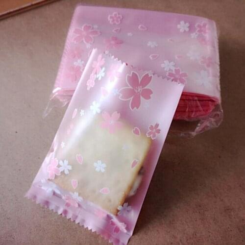 Cute DIY Candy Cookie Biscuit Bag Clear Pink Cherry Blossoms Printed Gift Bag Small Plastic Packing Bags For Wedding Party