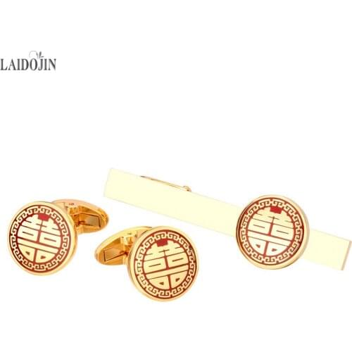 LAIDOJIN Chinese Double Love Mens Tie Clip Cufflinks Set High Quality Necktie Pin Tie Bars Clasp Wedding Engagement Jewelry