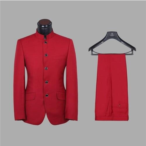 Five Buttons Groomsmen Mandarin Lapel Groom Tuxedos Red/Chocolate Men Suits Wedding Best Man (Jacket+Pants+Tie+Hankerchief) B909