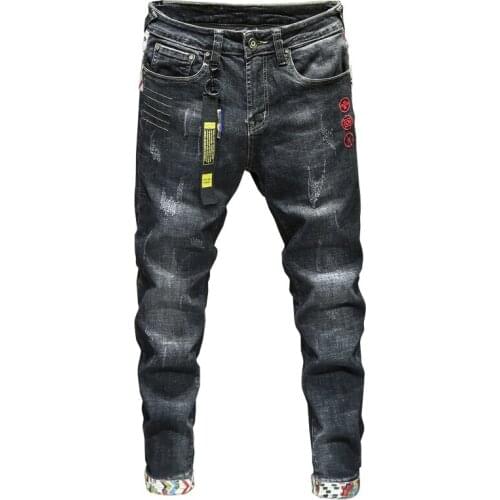 New Mens Jeans Stretch Pencil Pants Embroidery Hole Patches Slim Trendy Pants Youth Student Pants