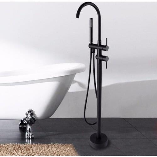 Popular Matte Black solid brass bathroom Floor Mounted Standing Bathtub Faucet Single Handle Mixer Tap with Handheld Shower Head